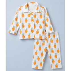 Babyhug Cotton Knit Full Sleeves Front Open Co-ord Shirt & Pajama Night Suit with Pineapple Print - White
