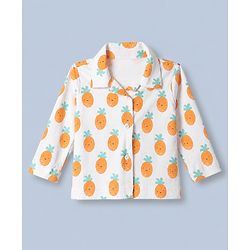 Babyhug Cotton Knit Full Sleeves Front Open Co-ord Shirt & Pajama Night Suit with Pineapple Print - White