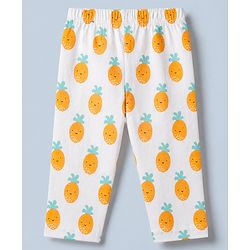 Babyhug Cotton Knit Full Sleeves Front Open Co-ord Shirt & Pajama Night Suit with Pineapple Print - White