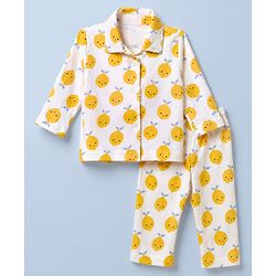 Babyhug Cotton Knit Full Sleeves Front Open Co-ord Shirt & Pyjama Night Suit with Fruits Print in White