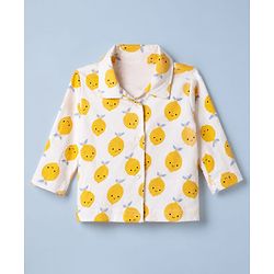 Babyhug Cotton Knit Full Sleeves Front Open Co-ord Shirt & Pyjama Night Suit with Fruits Print in White
