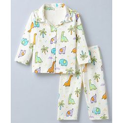 Babyhug Cotton Interlock Knit Full Sleeves Front Open Co-ord Shirt & Pajama Night Suit with Elephant Dinosaur Trees Print - White