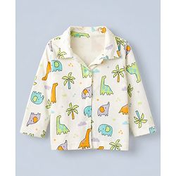 Babyhug Cotton Interlock Knit Full Sleeves Front Open Co-ord Shirt & Pajama Night Suit with Elephant Dinosaur Trees Print - White