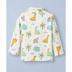 Babyhug Cotton Interlock Knit Full Sleeves Front Open Co-ord Shirt & Pajama Night Suit with Elephant Dinosaur Trees Print - White