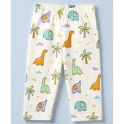 Babyhug Cotton Interlock Knit Full Sleeves Front Open Co-ord Shirt & Pajama Night Suit with Elephant Dinosaur Trees Print - White
