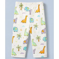 Babyhug Cotton Interlock Knit Full Sleeves Front Open Co-ord Shirt & Pajama Night Suit with Elephant Dinosaur Trees Print - White