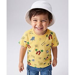 Babyhug Cotton Knit Half Sleeves T-Shirt with Beach Theme Print - Yellow
