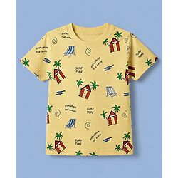 Babyhug Cotton Knit Half Sleeves T-Shirt with Beach Theme Print - Yellow