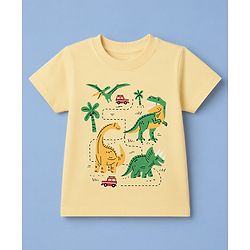 Babyhug Cotton Knit Half Sleeves T-Shirt with Dinosaur Safari Print - Yellow
