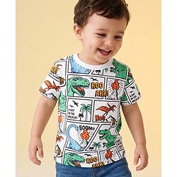 Babyhug 100% Cotton Knit Half Sleeves T-Shirt with Dinosaur Comic Print - White