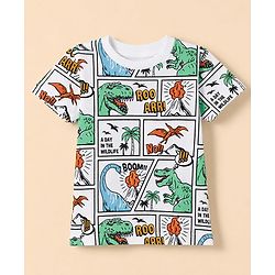Babyhug 100% Cotton Knit Half Sleeves T-Shirt with Dinosaur Comic Print - White