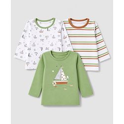 Babyhug 100% Cotton Interlock Knit Striped T-Shirts with Full Sleeves and Nautical Print Pack of 3 in White & Green
