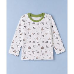 Babyhug 100% Cotton Interlock Knit Full Sleeves Striped & Boat Printed Tshirts Pack of 3 - White, Red & Green
