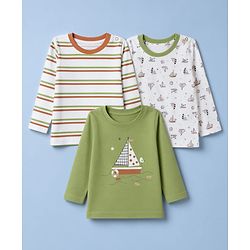 Babyhug 100% Cotton Interlock Knit Full Sleeves Striped & Boat Printed Tshirts Pack of 3 - White, Red & Green