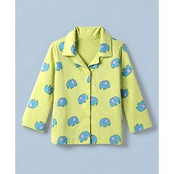Babyhug Cotton Knit Full Sleeves Front Open Co-ord Shirt & Pyjama Night Suit with Elephant Print in Green