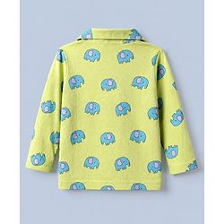 Babyhug Cotton Knit Full Sleeves Front Open Co-ord Shirt & Pyjama Night Suit with Elephant Print in Green