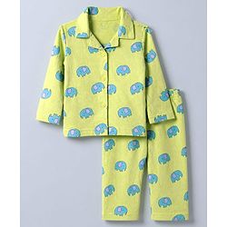Babyhug Cotton Knit Full Sleeves Front Open Co-ord Shirt & Pyjama Night Suit with Elephant Print in Green