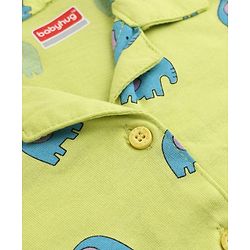 Babyhug Cotton Knit Full Sleeves Front Open Co-ord Shirt & Pyjama Night Suit with Elephant Print in Green