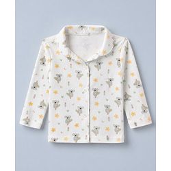 Babyhug Cotton Interlock Knit Full Sleeves Front Open Co-ord Shirt & Pajama Night Suit with Floral Koala Print - White
