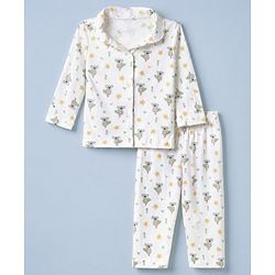 Babyhug Cotton Interlock Knit Full Sleeves Front Open Co-ord Shirt & Pajama Night Suit with Floral Koala Print - White