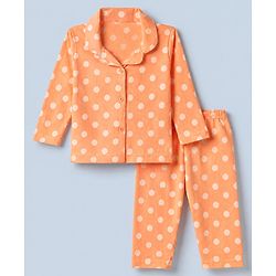 Babyhug Cotton Knit Full Sleeves Front Open Shirt & Pyjama Night Suit with Polka Dots in Orange