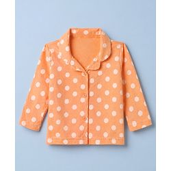 Babyhug Cotton Knit Full Sleeves Front Open Shirt & Pyjama Night Suit with Polka Dots in Orange