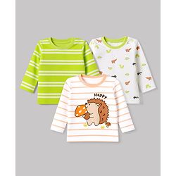 Babyhug 100% Cotton Interlock Knit Full Sleeves Striped T-Shirts with Hedgehog Animal Print Pack of 3 - White Limegreen