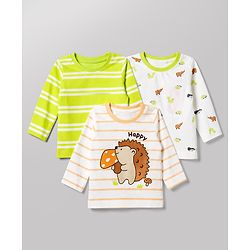 Babyhug 100% Cotton Interlock Knit Full Sleeves Striped T-Shirts with Hedgehog Animal Print Pack of 3 - White Limegreen