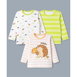 Babyhug 100% Cotton Interlock Knit Striped T-Shirts with Full Sleeves and Hedgehog Print Pack of 3 - White Neon Green & Peach