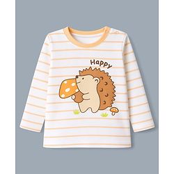 Babyhug 100% Cotton Interlock Knit Striped T-Shirts with Full Sleeves and Hedgehog Print Pack of 3 - White Neon Green & Peach
