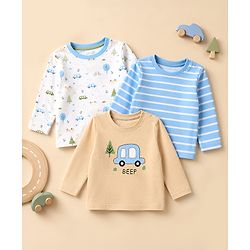 Babyhug 100% Cotton Interlock Knit Full Sleeves Striped T-Shirts with Car Graphic Print Pack of 3 - White Blue Beige
