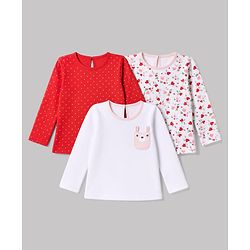 Babyhug 100% Cotton Interlock Knit Full Sleeves T-Shirts with Polka Dots , Heart & Bear Applique Pack of 3 - Red White & Pink