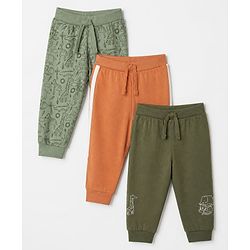 Babyhug Cotton Knit Jogger Fit Full Length Solid Lounge Pant With Animal Print Pack of 3 in Orange Green