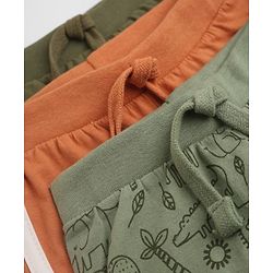 Babyhug Cotton Knit Jogger Fit Full Length Solid Lounge Pant With Animal Print Pack of 3 in Orange Green
