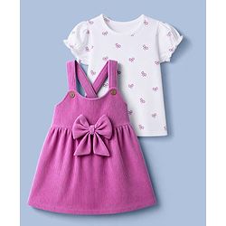 Babyhug Cotton Corduroy Frocks with Inner Tee with Short Sleeves and Bow Detail in Pink for 6-9 Months