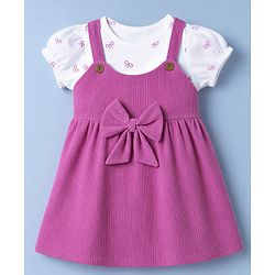 Babyhug Cotton Corduroy Frocks with Inner Tee with Short Sleeves and Bow Detail in Pink for 6-9 Months