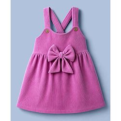 Babyhug Cotton Corduroy Frocks with Inner Tee with Short Sleeves and Bow Detail in Pink for 6-9 Months