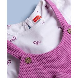 Babyhug Cotton Corduroy Frocks with Inner Tee with Short Sleeves and Bow Detail in Pink for 6-9 Months