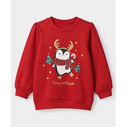 Babyhug 100% Cotton Knit Heavy Gauge Sweatshirt With Full Sleeves and Penguin Patch - Red