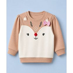 Babyhug 100% Cotton Knit Full Sleeves Heavy Gauge Sweatshirt With Reindeer Embroidery - Beige