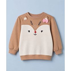 Babyhug 100% Cotton Knit Full Sleeves Heavy Gauge Sweatshirt With Reindeer Embroidery - Beige