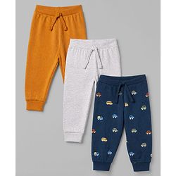 Babyhug Cotton Jersey Knit Full Length Track Pant With Car Print Pack of 3 - Blue Grey & Mustard