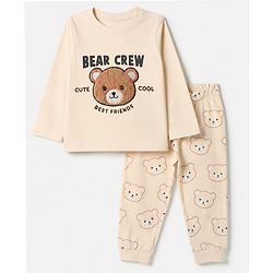 Babyhug 100% Cotton Knit Full Sleeves T-Shirt & Pyjama Night Suit with Bear Patch - Brown