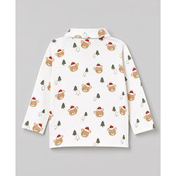 Babyhug 100% Cotton Knit Full Sleeves Co-Ords Shirt & Pyjama Night Suit with Bear & Christmas Tree Print - Offwhite