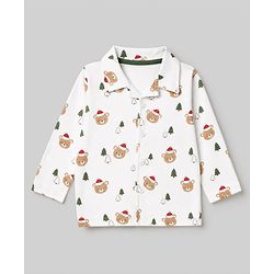 Babyhug 100% Cotton Knit Full Sleeves Co-Ords Shirt & Pyjama Night Suit with Bear & Christmas Tree Print - Offwhite