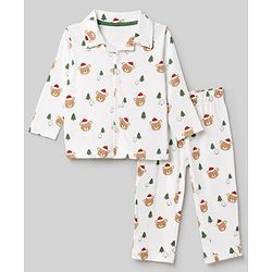Babyhug 100% Cotton Knit Full Sleeves Co-Ords Shirt & Pyjama Night Suit with Bear & Christmas Tree Print - Offwhite