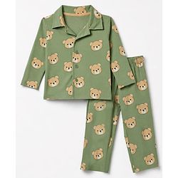 Babyhug 100% Cotton Knit Full Sleeves Co-Ords Shirt & Pyjama Night Suit with Bear Print - Green