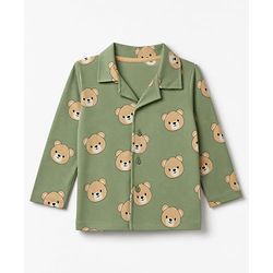 Babyhug 100% Cotton Knit Full Sleeves Co-Ords Shirt & Pyjama Night Suit with Bear Print - Green