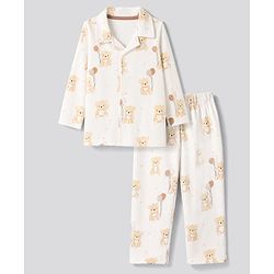 Babyhug 100% Cotton Knit Full Sleeves Co-Ords Shirt & Pyjama Night Suit with Bear Print - Offwhite