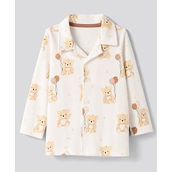 Babyhug 100% Cotton Knit Full Sleeves Co-Ords Shirt & Pyjama Night Suit with Bear Print - Offwhite